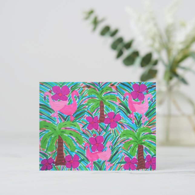 Beach Party Flamingos and Palms Postcard (Standing Front)