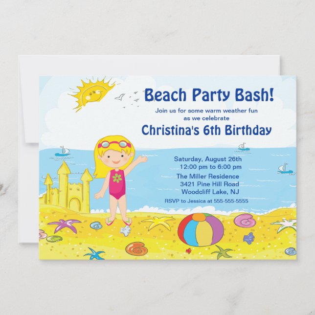 Beach Party Girl Swimming Birthday Invitation (Front)