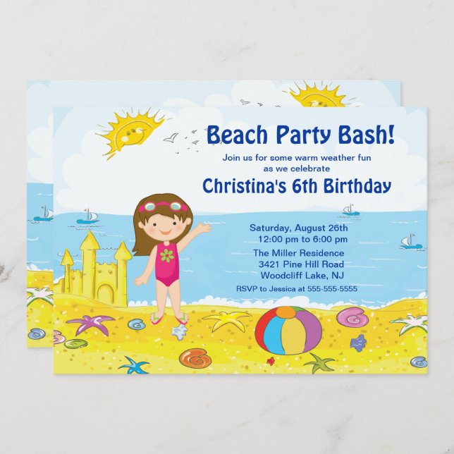 Beach Party Girl Swimming Birthday Invitation (Front/Back)