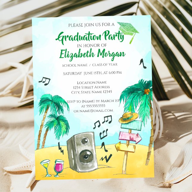 Beach Party Glitter Grad Cap,Graduation  Invitation (Creator Uploaded)