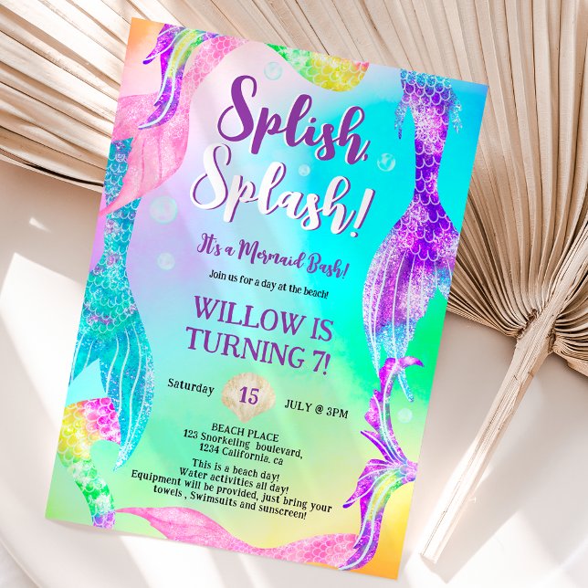 Beach party mermaid tails ocean Kids birthday Invitation (Beach party mermaid tails ocean Kids birthday rainbow Invitation)