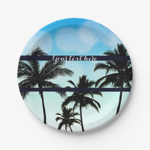Beach Party Palm Trees Tropical Blue Vintage Night Paper Plate