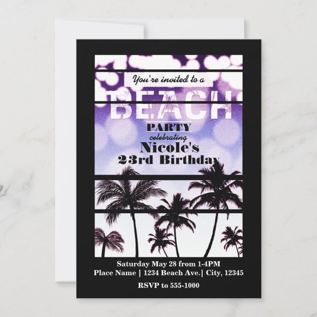 Beach Party Palm Trees Tropical Purple Glam Invitation (Front)