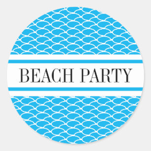 BEACH PARTY Sky Blue White Waves Racing Stripes Classic Round Sticker