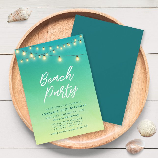 Beach Party Strings of Lights Watercolor Sea Glass Invitation (Creator Uploaded)