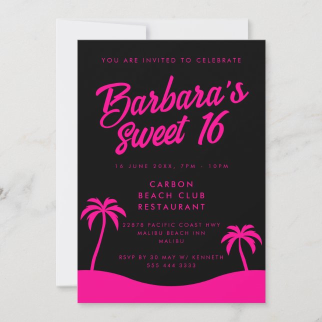 Beach Party Stylish Black Pink Summer Sweet 16 Invitation (Front)