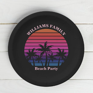 Beach Party Tropical Sunset Palm Trees Black Paper Plate