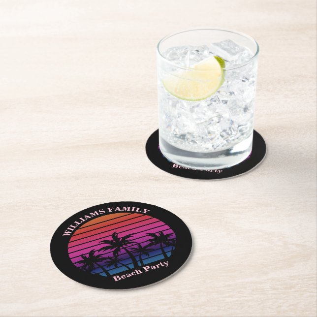 Beach Party Tropical Sunset Palm Trees Black Round Paper Coaster (Insitu)