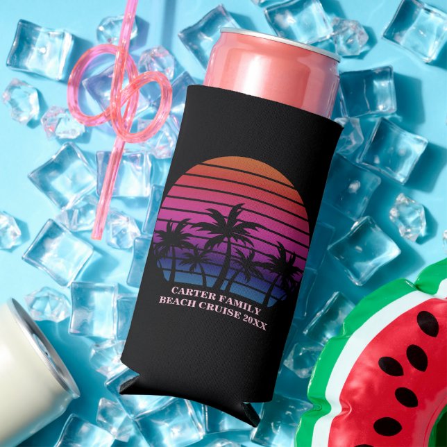 Beach Party Tropical Sunset Pink Black Palm Trees Seltzer Can Cooler (In Situ Summer)