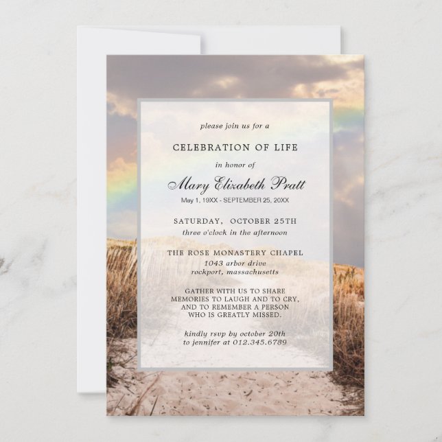Beach Path and Rainbow Celebration of Life Invitation (Front)