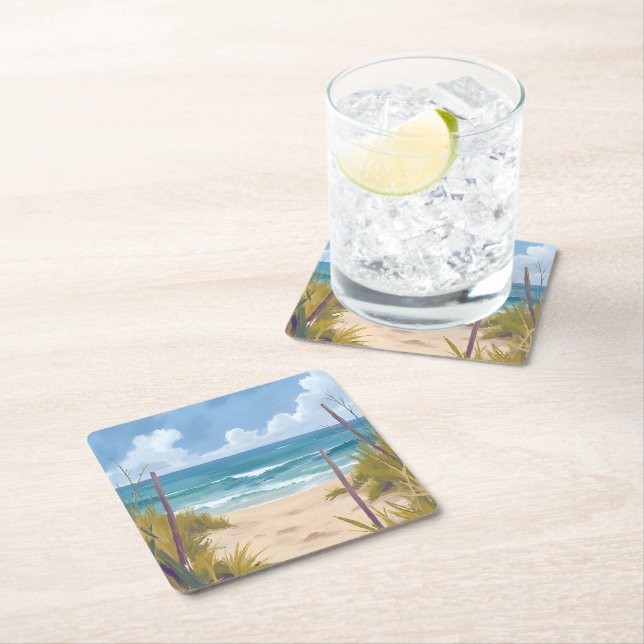 Beach Path | Ocean Watercolor Coastal Painted Square Paper Coaster (Insitu)