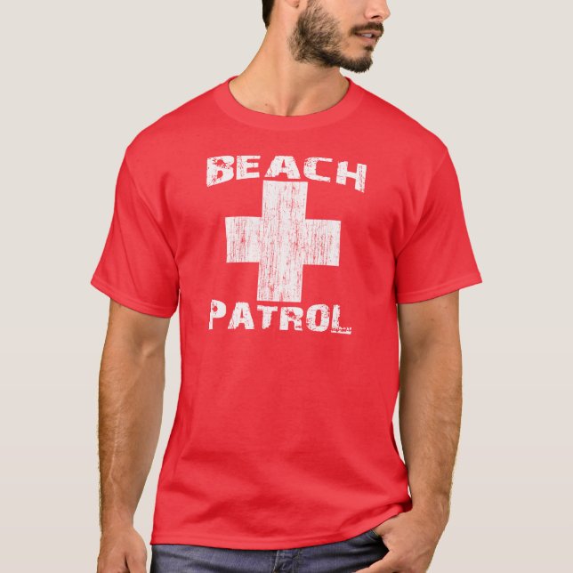 BEACH PATROL Distressed White Logo Lifeguard T-Shirt (Front)