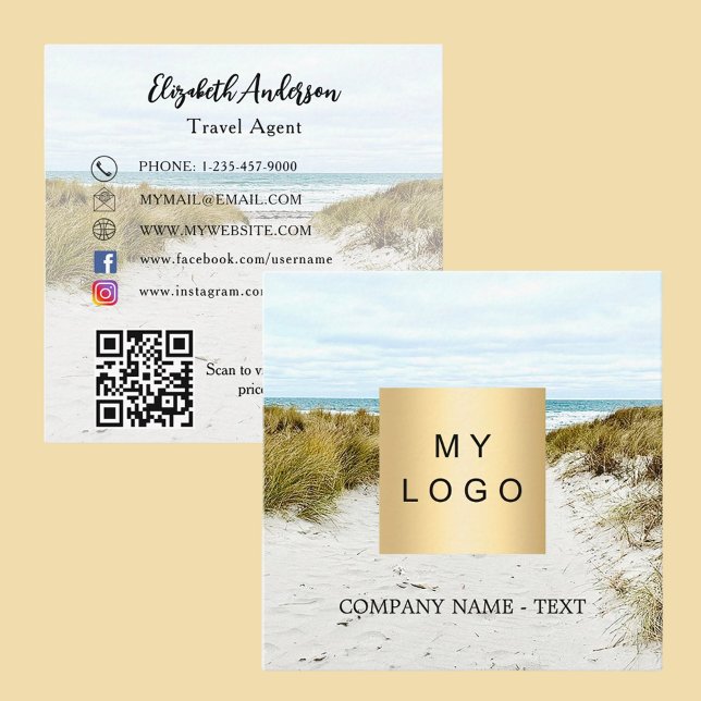 Beach photo logo QR code social media Square Business Card (Creator Uploaded)