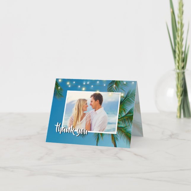 Beach Photo Palms String Lights Wedding Thank You Card (Front)
