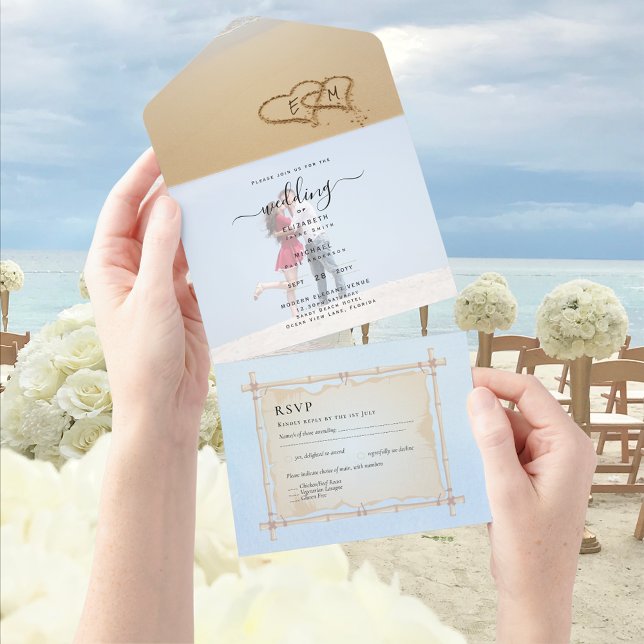 Beach Photo Wedding Invite RSVP Menu Hearts Sand (Creator Uploaded)