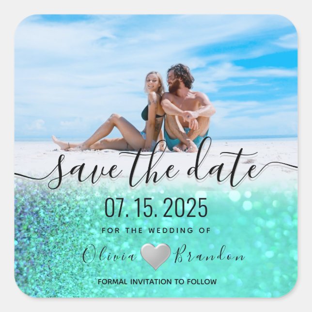 Beach Photo Wedding Save The Date Square Sticker (Front)
