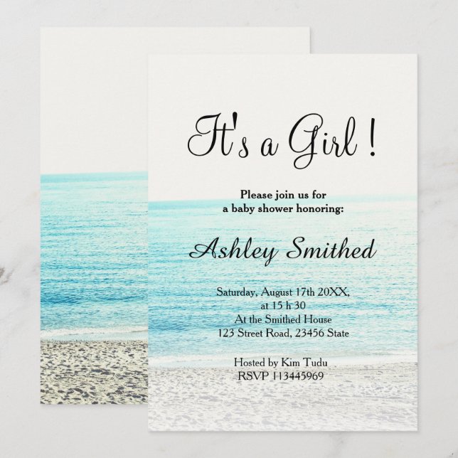 beach photography tropical modern girl baby shower invitation (Front/Back)