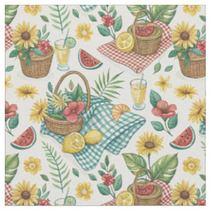 Beach Picnic & Summer Fruits Sunflowers Pattern Fabric