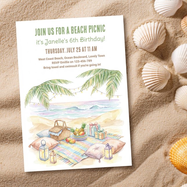 Beach Picnic Tropical Palm Tree Birthday Invitation (Beach picnic birthday birthday invitation by Darling & May)