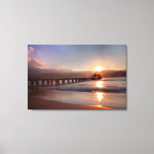 Beach pier at sunset, Hawaii Canvas Print
