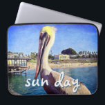 Beach Pier Pelican Bird Photo Sun Day Quote Script Laptop Sleeve<br><div class="desc">This happy pelican perched on a railing overlooking a California beach screams “vacation ready”. Drift back to the warm ocean breezes whenever you use this colourful photography neoprene laptop sleeve. This laptop sleeve comes in three sizes: 15", 13", and 10”. Makes a great gift for someone special! You can easily...</div>