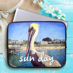 Beach Pier Pelican Bird Photo Sun Day Quote Script Laptop Sleeve