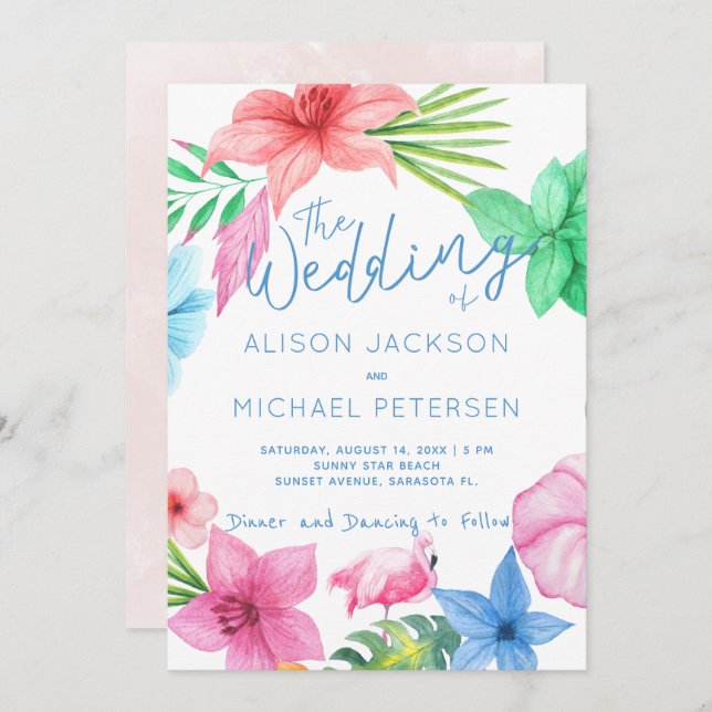 Beach pink blue tropical floral wreath wedding invitation (Front/Back)