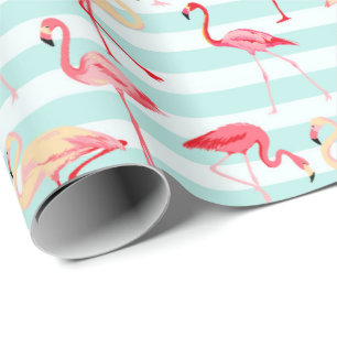 Beach pink flamingo stripe wrapping paper