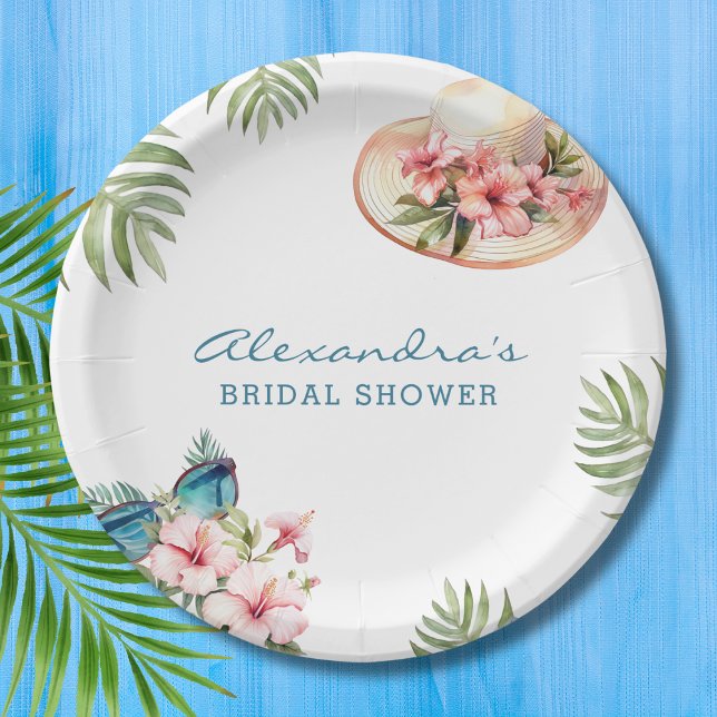 Beach Pink Floral Tropical Bridal Shower Paper Pla Paper Plate (Creator Uploaded)