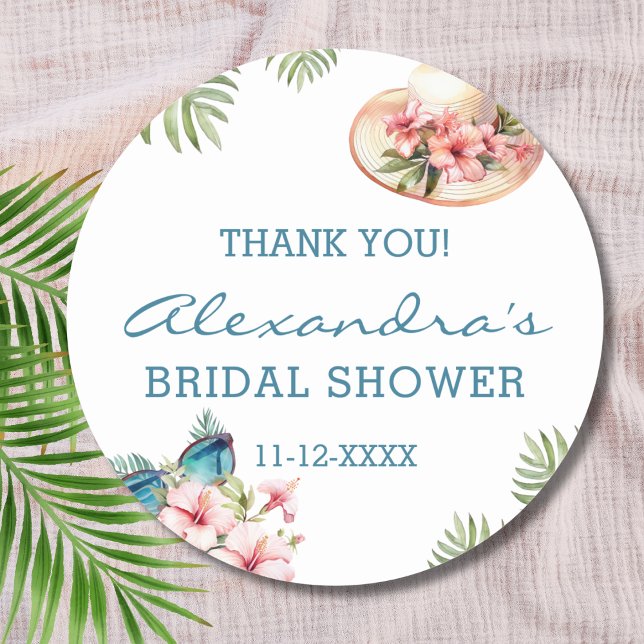 Beach Pink Floral Tropical Bridal Shower Thank You Classic Round Sticker (Creator Uploaded)