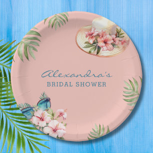 Beach Pink Flowers Tropical Bridal Shower Paper Plate