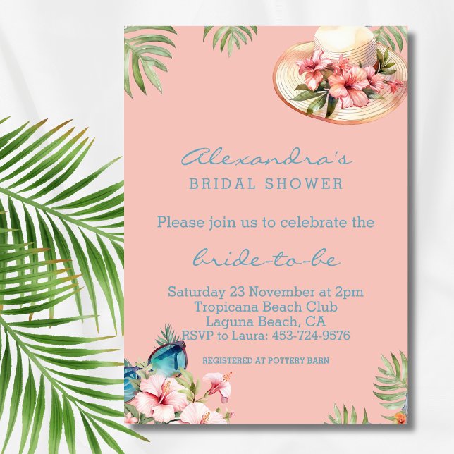 Beach Pink Hibiscus Flowers Tropical Bridal Shower Invitation (Creator Uploaded)