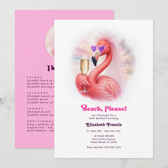 Beach Please Flamingo Bachelorette Weekend Invitation (Front/Back)
