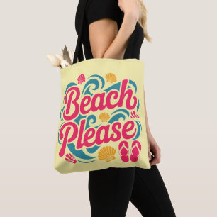 Beach Please Retro Graphic: Pink Typography Tote Bag