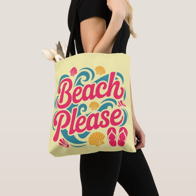 Beach Please Retro Graphic: Pink Typography Tote Bag (Close Up)