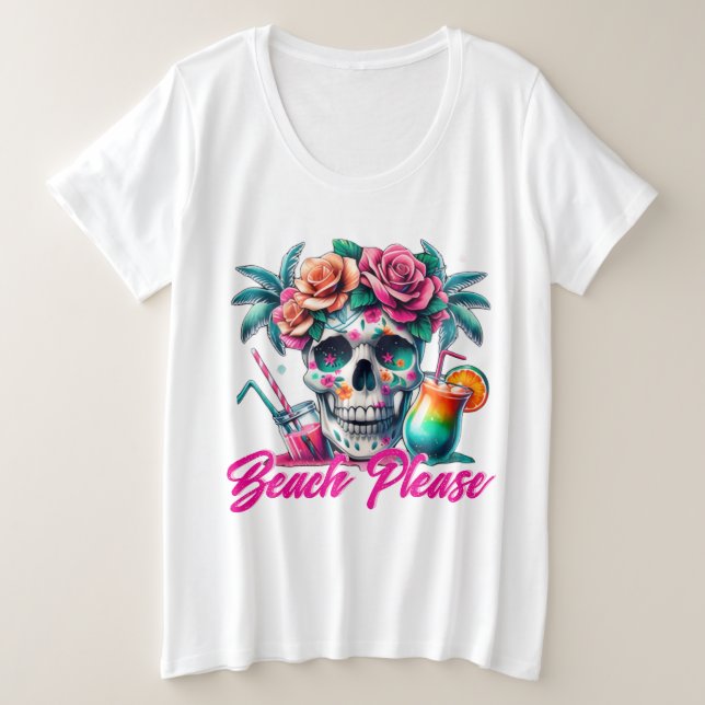 Beach Please Tropical Skull Plus Size T-Shirt (Design Front)