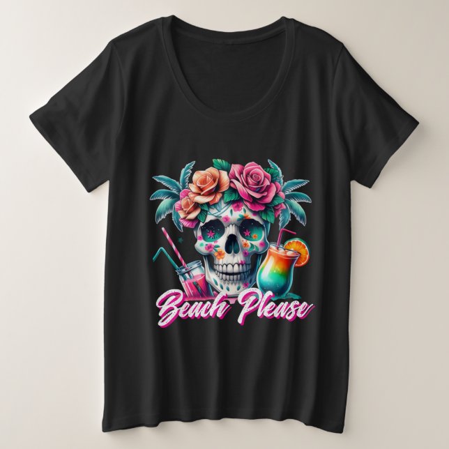 Beach Please Tropical Skull Plus Size T-Shirt (Design Front)