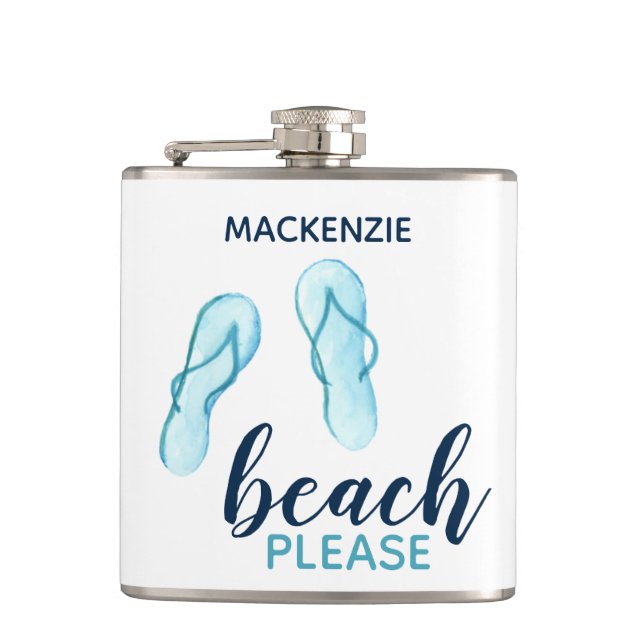 Beach Please Turquoise Flip Flips Personalised Hip Flask (Front)