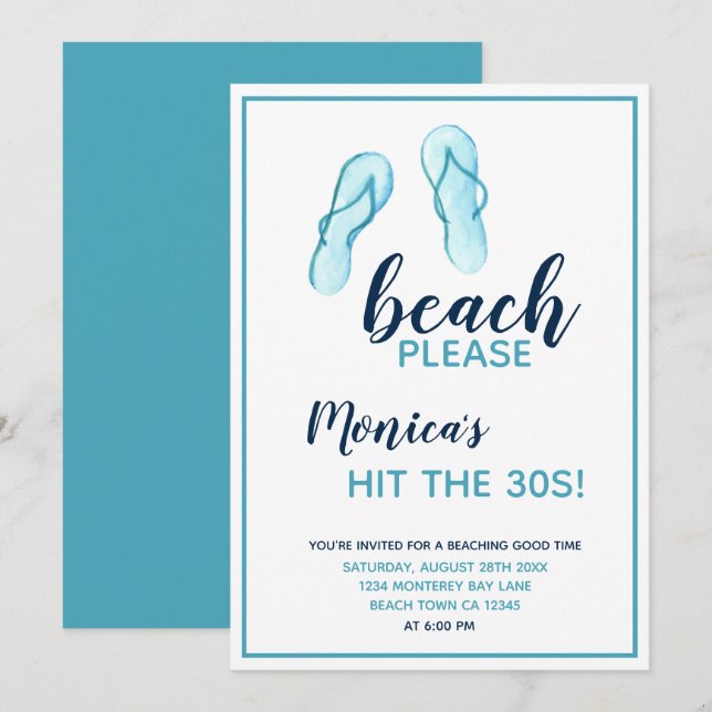 Beach Please Turquoise Flip Flops 30th Birthday Invitation (Front/Back)