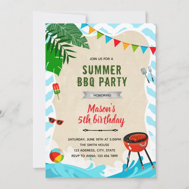 Beach pool bbq birthday party invitation (Front)