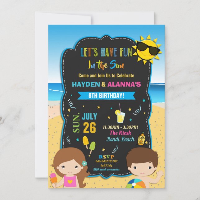 Beach Pool Birthday Party Twins Siblings Boy Girl Invitation (Front)