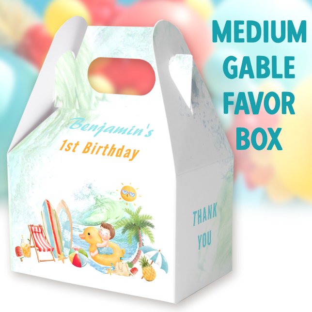 Beach Pool Party Summer 1st Birthday Boy Medium Favour Box (Beach boy Medium Gable Favor Boxes - You can choose from 3 sizes of these gable favor boxes)