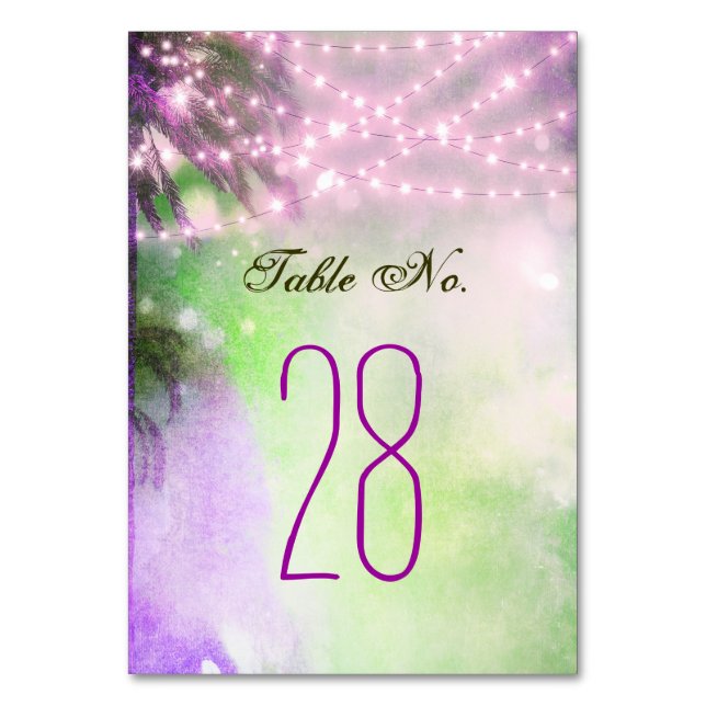 Beach Purple Palms String Lights Wedding Table Number (Front)