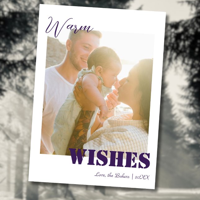Beach Purple Warm Wishes Two Beach Family Photo Holiday Card (Creator Uploaded)