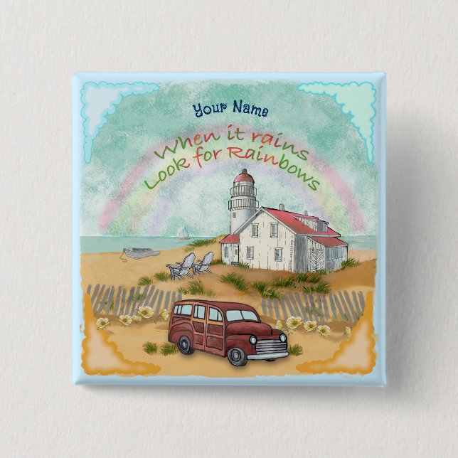 Beach Rainbow Lighthouse  15 Cm Square Badge (Front)
