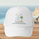 Beach Real Estate Company Custom Coastal Realtor Trucker Hat<br><div class="desc">This cute tropical real estate company hat features a modern blue beach house with a cool coastal palm tree and island sun. Customise this marketing item with your agent and realty business name for a realtor who works along the coast.</div>