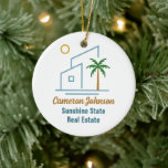 Beach Real Estate Company Cute Custom Christmas Ceramic Tree Decoration<br><div class="desc">This cute tropical real estate company Christmas ornament features a modern blue beach house with a cool coastal palm tree and island sun. Customise this marketing gift with your agent and realty business name for a realtor along the coast.</div>