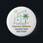 Beach Real Estate Company Cute Custom Name Tag 6 Cm Round Badge<br><div class="desc">This cute tropical real estate company name tag button features a modern blue beach house with a cool coastal palm tree and island sun. Customise this marketing item with your agent and realty business name for home buying clients along the coast.</div>