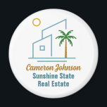 Beach Real Estate Company Cute Customisable Magnet<br><div class="desc">This cute tropical real estate company magnet features a modern blue beach house with a cool coastal palm tree and island sun. Customise this marketing item with your agent and realty business name for home buying clients along the coast.</div>