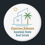 Beach Real Estate Company Cute Customisable Magnet<br><div class="desc">This cute tropical real estate company magnet features a modern blue beach house with a cool coastal palm tree and island sun. Customise this marketing item with your agent and realty business name for home buying clients along the coast.</div>